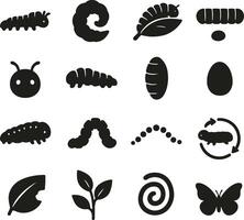 Caterpillar Solid Black Silhouette Icon Set Collection on White Background vector
