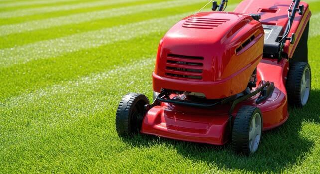 Red lawn mower cutting green grass with striped pattern photo