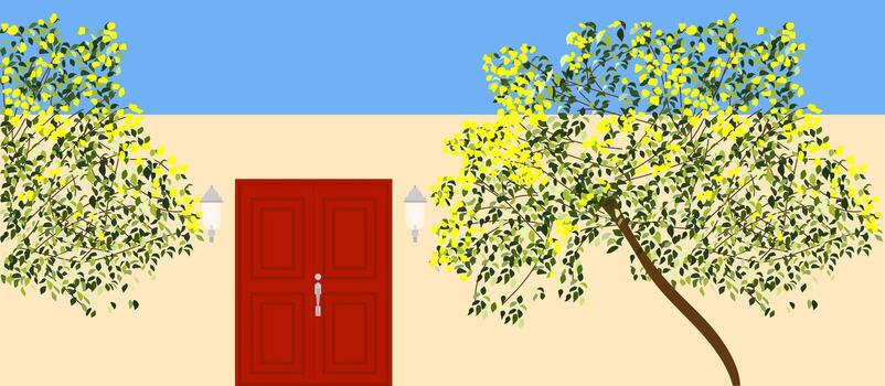 a red door and a tree in front of it vector