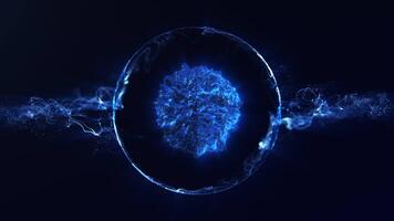 azul como un cristal esfera con reluciente partícula fluir, futurista resumen animación en 4k sin costura bucle. video