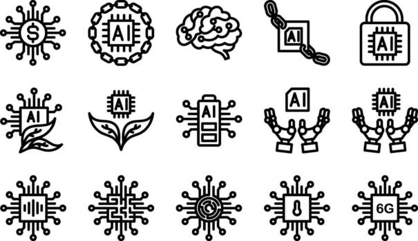 A set of black and white icons that include a computer, a computer chip, a computer chip vector