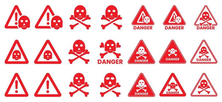 Danger Icon silhouette set. Red caution label with skull and crossbones warning message symbol shape. Flat style danger symbol shape vector