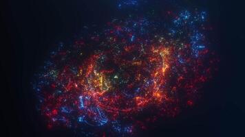 explosão do brilhando multicolorido partículas criando cósmico nebulosa efeito dentro espaço. abstrato 4k digital animação com vibrante luzes. video