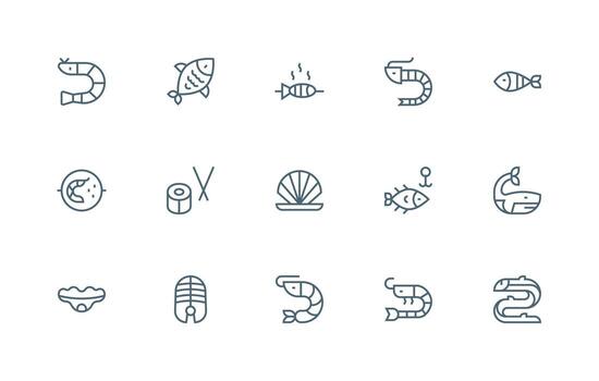 Seafood Design Icons featuring 15 in Regular Line Style Simple Icons for Interface and Wireframes vector