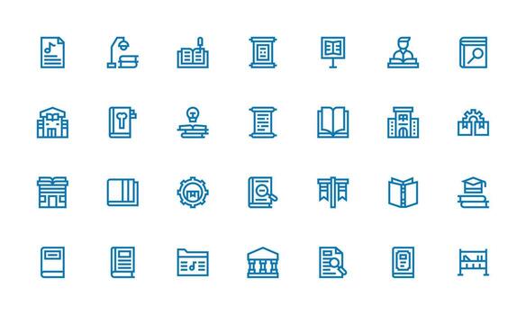 biblioteca diseño íconos presentando 28 en negrita línea estilo limpiar icono colección para web utilizar vector