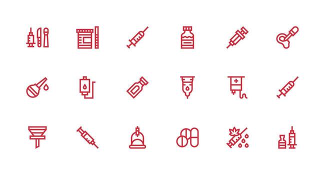 Syringe Design Icons featuring 18 in Strong Stroke Line Style Functional Icon Series vector