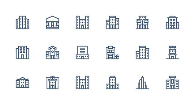 Edificio comercial diseño íconos presentando 18 en fuerte carrera línea estilo escalable íconos para todas temas vector