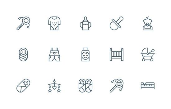 Baby Design Icons featuring 15 in Regular Line Style Flat Icon Set vector