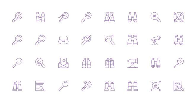 Magnifying Design Icons featuring 32 in Thin Line Style Web and App Icon Pack Collection vector