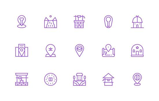 Village Icon Set with 15 Regular Line Graphics Web Icon Collection vector