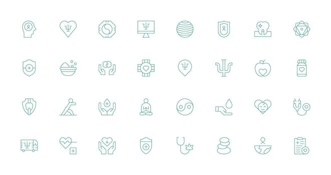 32 Wellbeing Icons in Thin Line Aesthetic Complete Icon Set for Mobile Apps vector