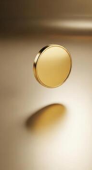 A shiny gold coin floating in the air with a soft shadow below it photo