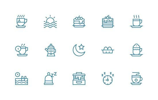 Morning Icon Set with 15 Regular Line Graphics Multi-Style Icons for Creative Projects vector
