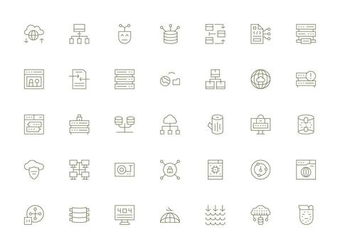Server Icon Set with 35 Light Line Graphics Essential Icon Set for Teams vector