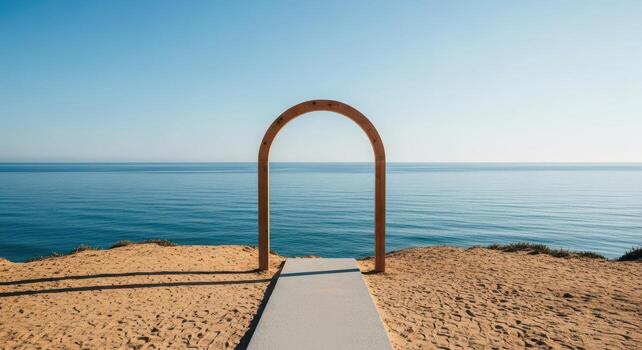 Pathway to the sea through an archway on a sandy beach on a sunny day photo