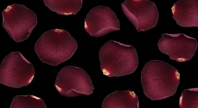 Burgundy rose petals scattered on a black background create a dramatic effect photo