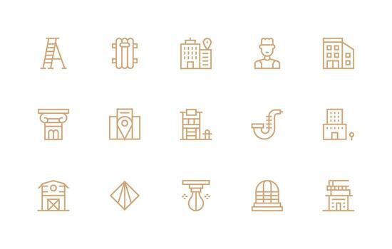 15 regular línea vectores para edificio tema completar icono conjunto para móvil aplicaciones