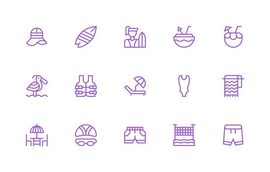 15 Regular Line Vectors for Beach Theme Interface Icon Collection for Daily Projects