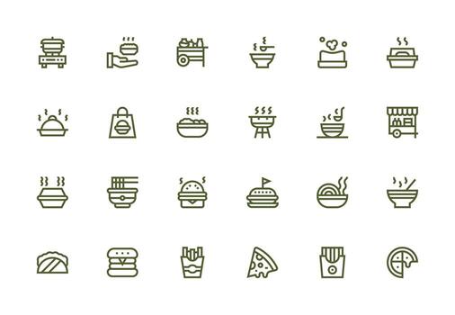 Hot Food Design Icons featuring 24 in Thick Line Line Style Simple Icons for Interface and Wireframes vector