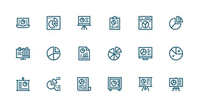 Pie Chart featuring 18 Icons in Strong Stroke Line Design Functional Icon Series vector