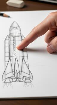 Hand pointing to a sketch of a space shuttle on white paper photo