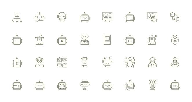 Delgado línea íconos desde robot conjunto con 32 vectores neutral estilo íconos para ninguna proyecto