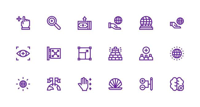 Purple digital icons representing various functions vector