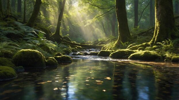 Tranquil forest scene with sunlight filtering through trees, reflecting on a serene stream photo
