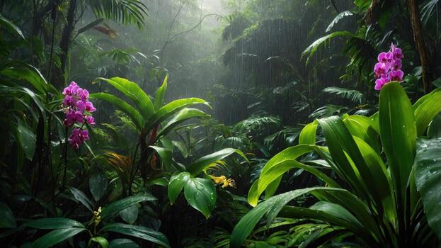 Lush tropical rainforest with vibrant orchids and dense foliage, rain creating a misty atmosphere photo