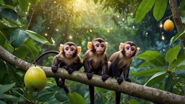 Three playful monkeys sitting on a tree branch in a lush green forest with soft sunlight filtering through photo