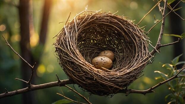Nest with three speckled eggs resting on a branch in a sunlit forest, surrounded by greenery photo