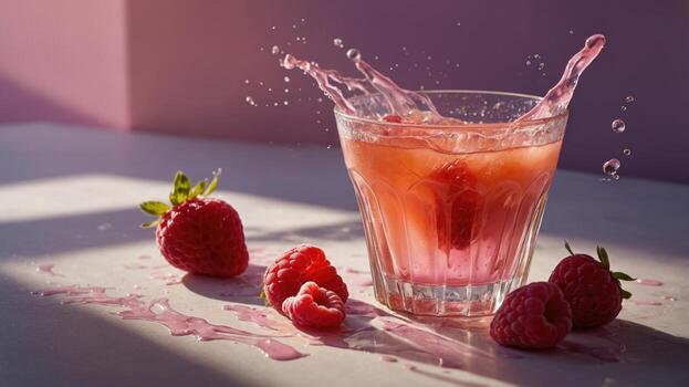 Refreshing raspberry drink splashing in a glass on a sunny table with raspberries scattered around photo