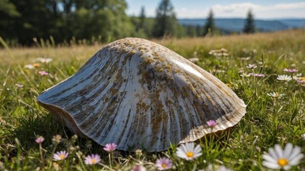 A large, weathered scallop shell resting on a grassy field dotted with wildflowers under a blue sky photo