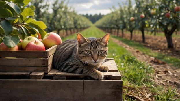 Cat lounging on a wooden crate beside fresh apples in an orchard, with rows of apple trees in the background photo