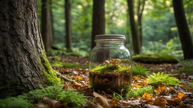 Glass jar containing moss and mushrooms placed on forest floor amidst fallen leaves and greenery photo