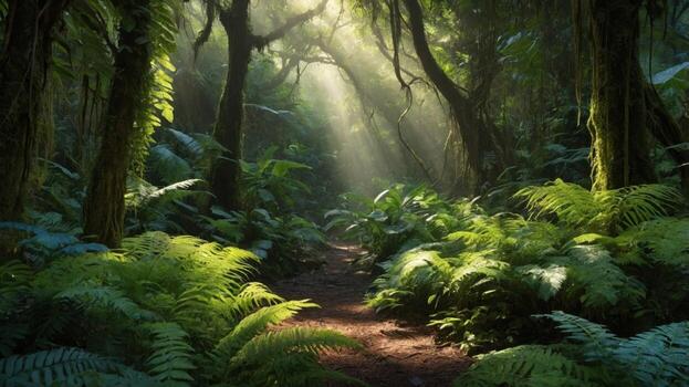 Sunlight filtering through dense foliage in a lush forest, creating a serene and tranquil atmosphere photo