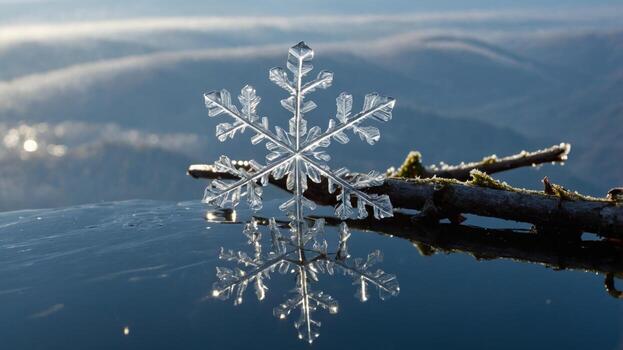 Intricate snowflake resting on a twig, reflecting in calm water, with misty mountains in the background photo