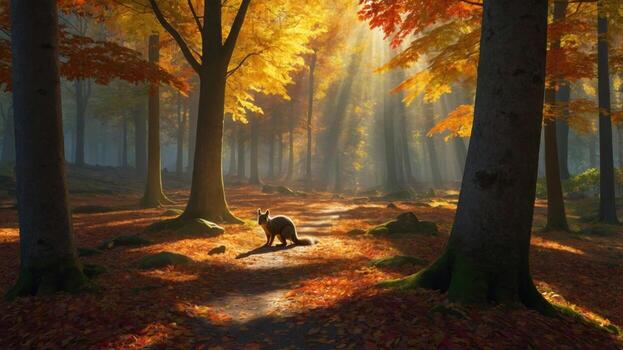 A serene forest scene with autumn foliage, sunlight filtering through trees, and a kangaroo in the path photo