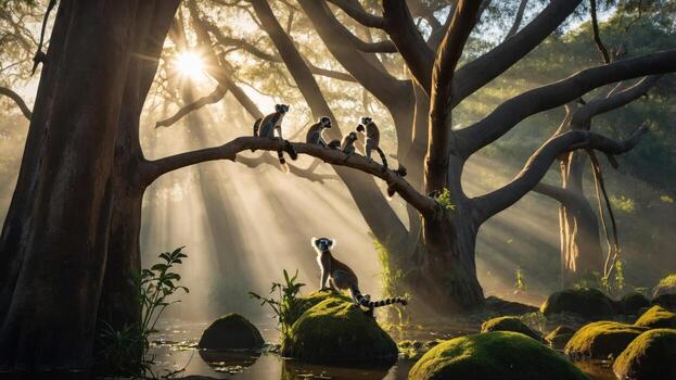 Monkeys playfully interacting on a tree branch in a sunlit forest, with rays of light filtering through photo