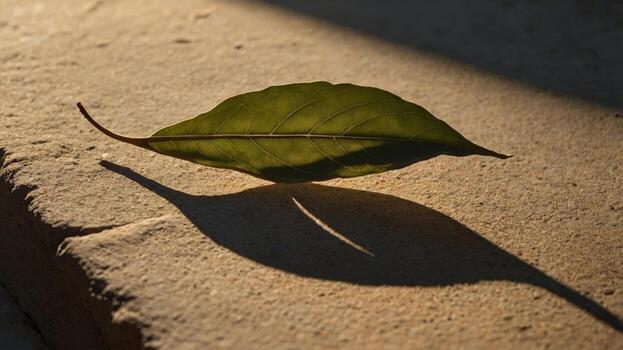 A single green leaf casting a long shadow on a textured stone surface during golden hour lighting photo