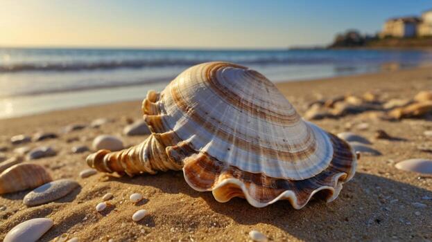 A close-up view of a beautifully patterned seashell resting on sandy beach with gentle waves in the background photo