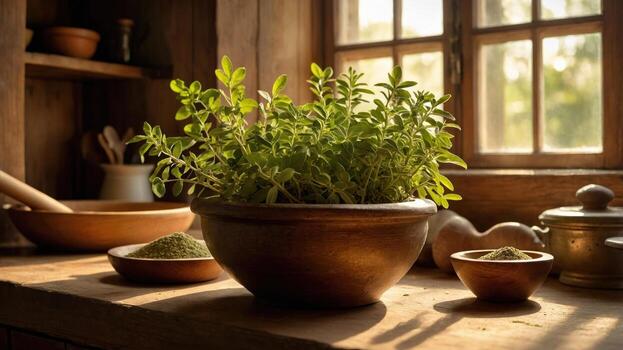 Fresh herbs in a rustic kitchen setting, sunlight streaming through the window, creating a warm atmosphere photo