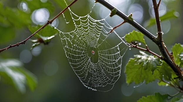 Intricate spider web adorned with dew drops, suspended between green branches in a serene forest photo