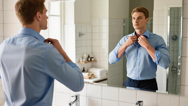 Man Adjusting His Shirt Collar in a Well-Lit Bathroom Mirror Before Heading out for an Event photo