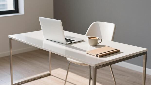 Modern Desk Setup With Laptop, Coffee, and Notebook in a Minimalist Workspace Environment photo