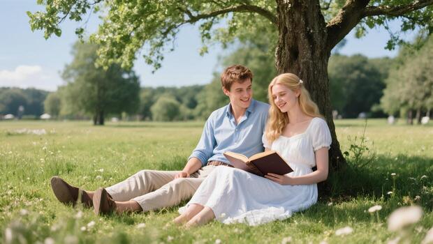 Young Couple Enjoying a Sunny Afternoon Reading Under a Tree in a Lush Park photo