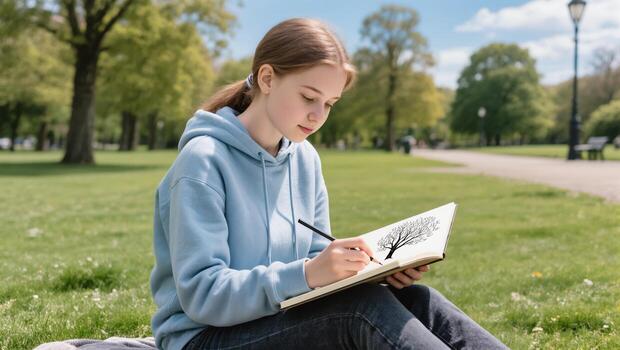 Young Artist Sketches a Tree in the Park on a Sunny Afternoon in Springtime photo