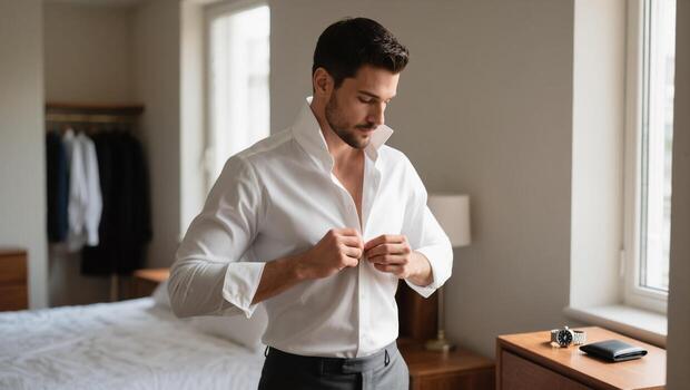 Man Gets Ready in a Stylish Bedroom While Buttoning His Shirt for a Special Event photo