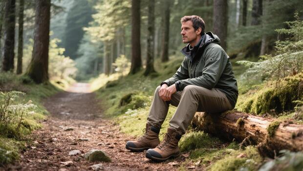 Man Resting on a Log in a Serene Forest During Daytime Surrounded by Lush Greenery and Soft Sunlight photo