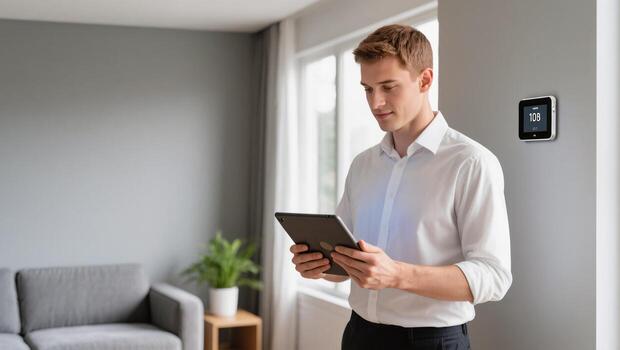 Man Using a Tablet While Standing in a Modern Living Room With Indoor Plants and Natural Light photo